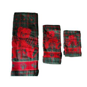 Vintage Christmas Bear Towel Set Of 3 With Gift Motif In Green & Red
